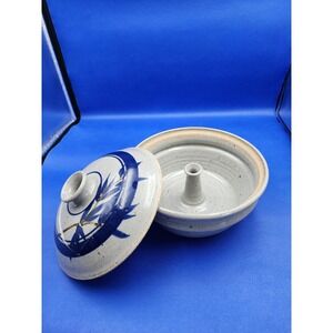 Yunnan Funnel Steam Pot - Stoneware Pottery Blue Painted Leaf Decor‎ Signed